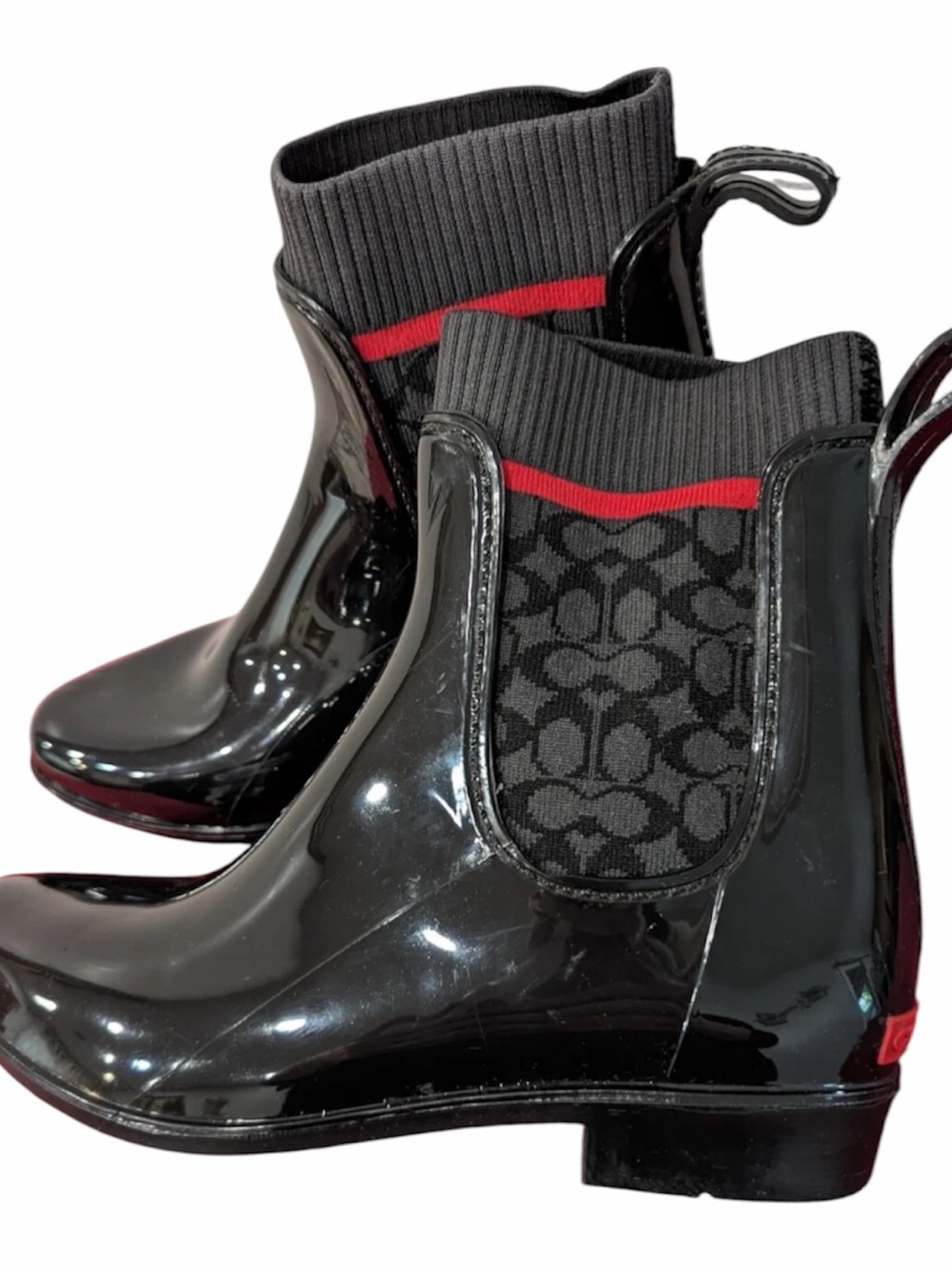 Coach Black Patent Ankle Rain Boots with Gray Knit Collar and Red Trim - Picture 3 of 7